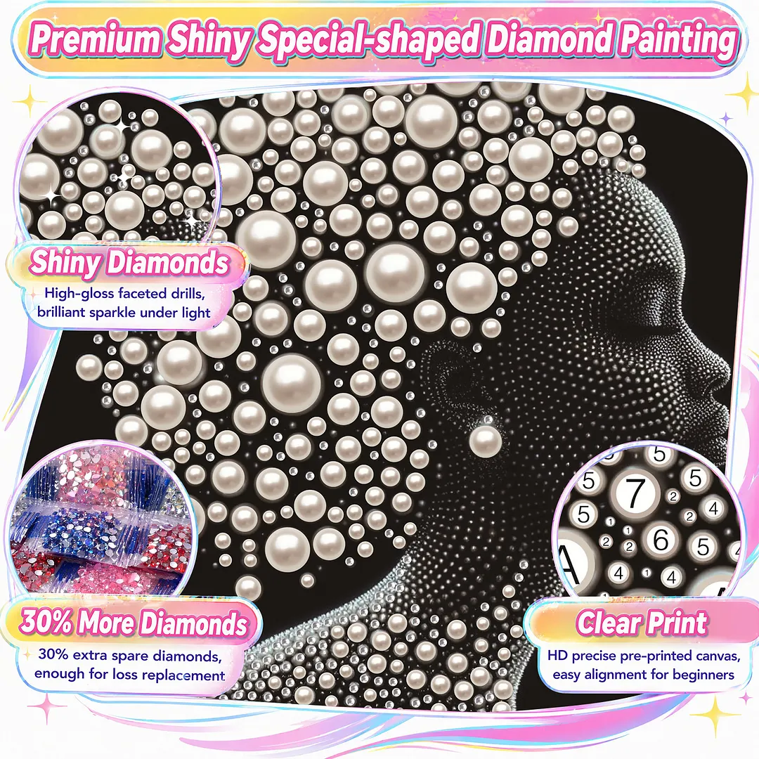 Pearl Afro Black Silhouette Special Shaped 5D DIY Partial Drill Diamond Art Kit 30x30cm Diamonds Dots Gem Art Kits for Adults Home Decor