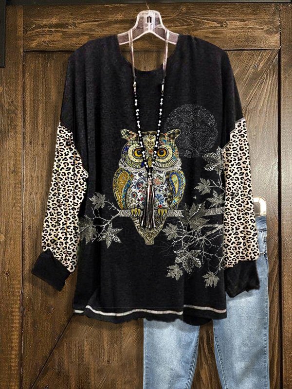 Vintage Owl Print Sweatshirt Tops Pullover