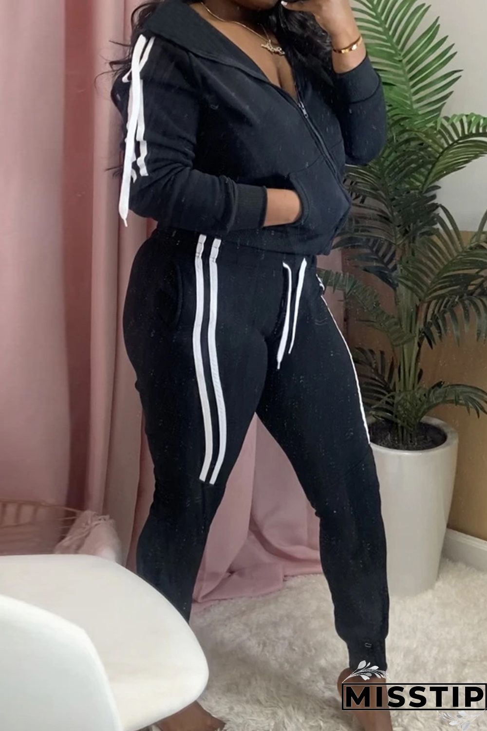 Black Casual Solid Patchwork Hooded Collar Long Sleeve Regular Sleeve Regular Two Pieces