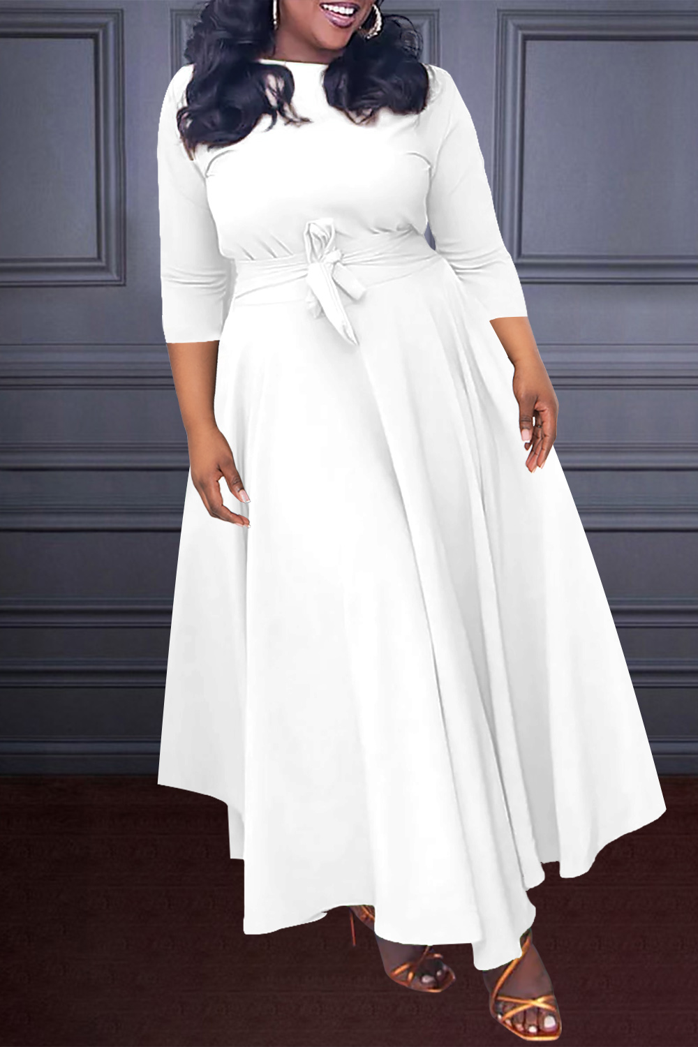 Plus Size Khaki Casual Round Neck Wrap Maxi Dress (Without Pockets)