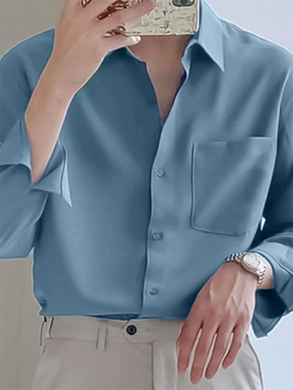 Aonga - Mens Solid Long Sleeve Shirt with PocketJ