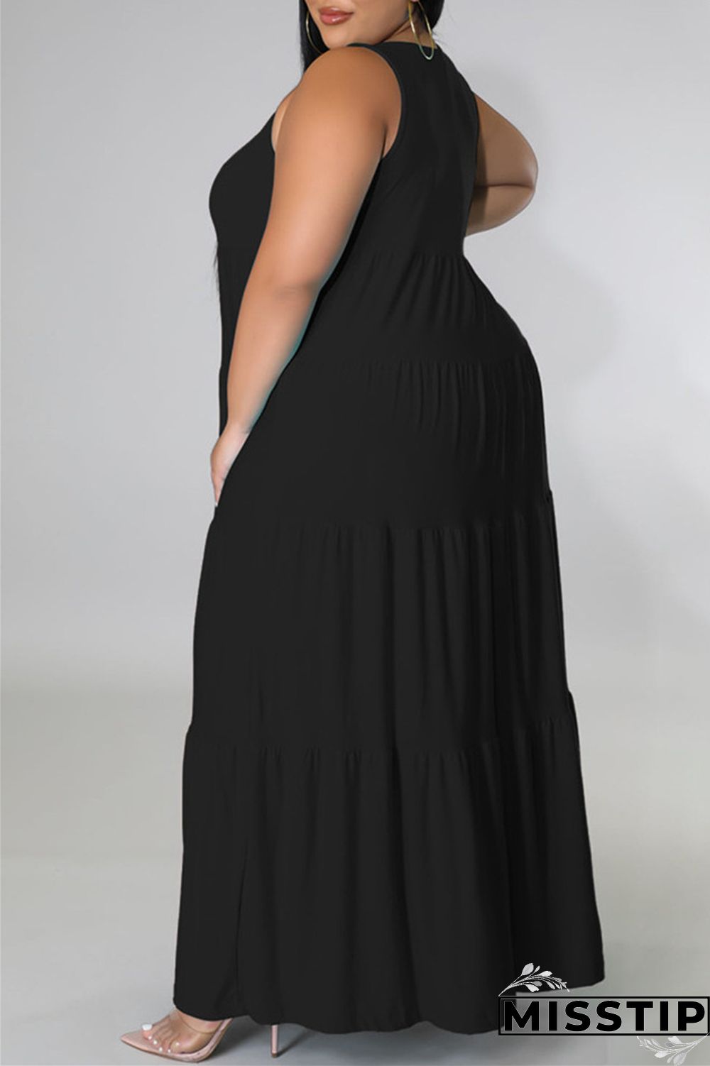 Black Fashion Casual Plus Size Solid Basic O Neck Vest Dress