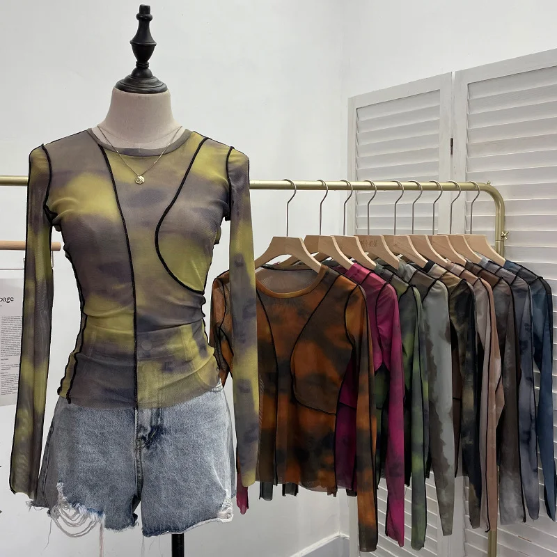 Uveng Sunset Sun Dyed Elastic Mesh Yarn T-Shirt Stacked With Long-Sleeved Top Press Line T-Shirt 8980