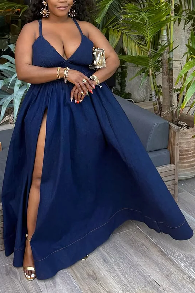 Plus Size Vacation Blue Sundress V Neck Split Backless Tencel Denim Maxi Dresses [Pre-Order]