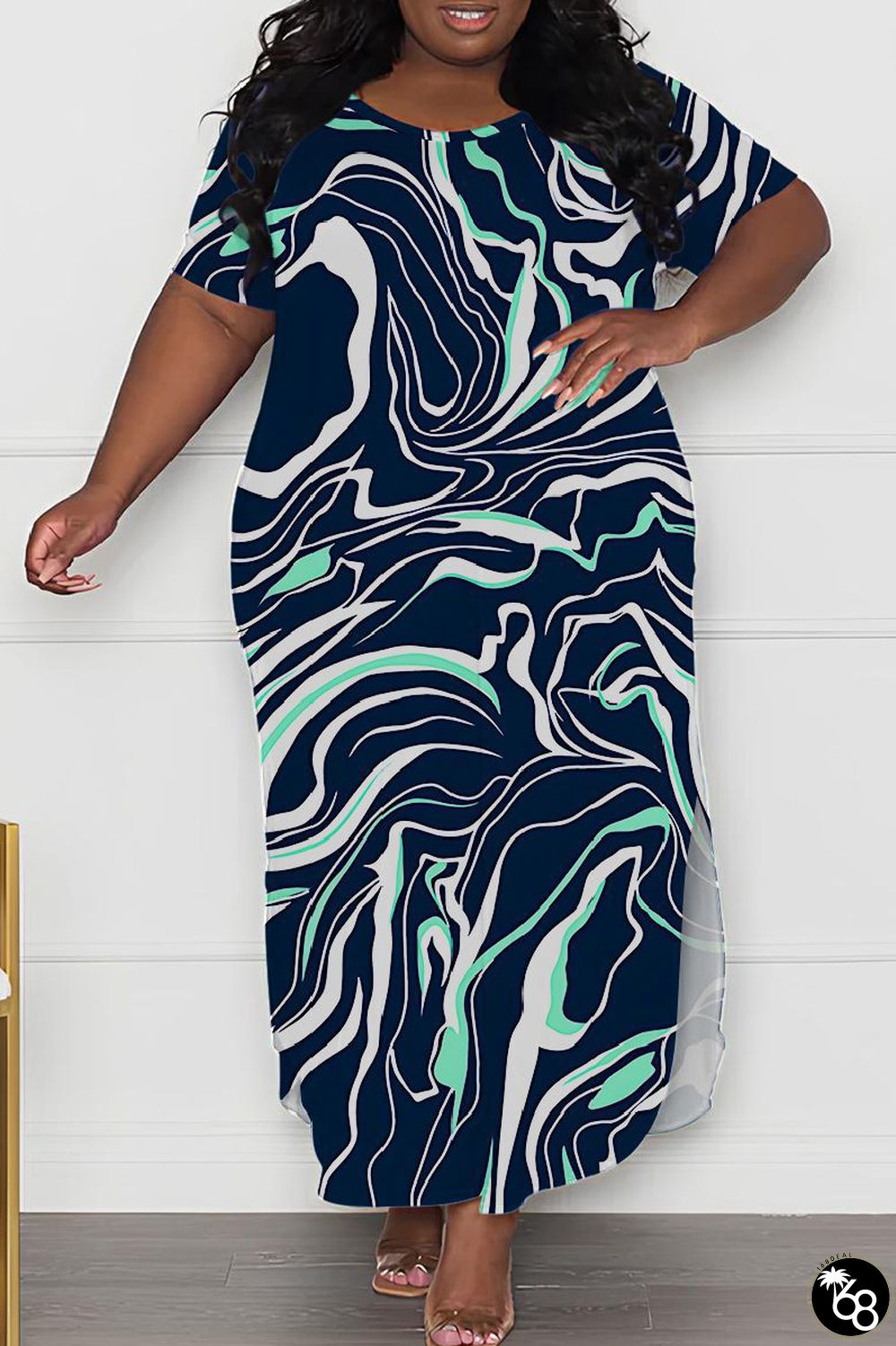 Casual Print Slit O Neck Long Plus Size Dresses | 168DEAL