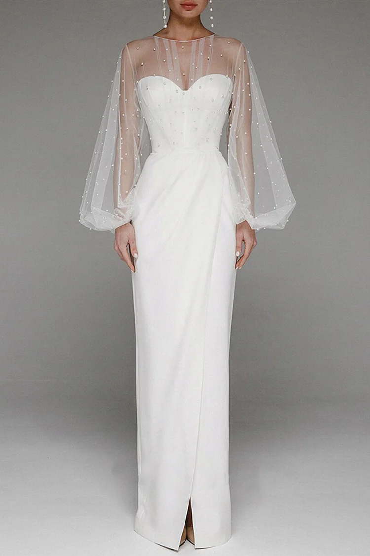 Evening Gown White Mesh See-Through Puff Sleeve Beaded Slit Maxi Dress