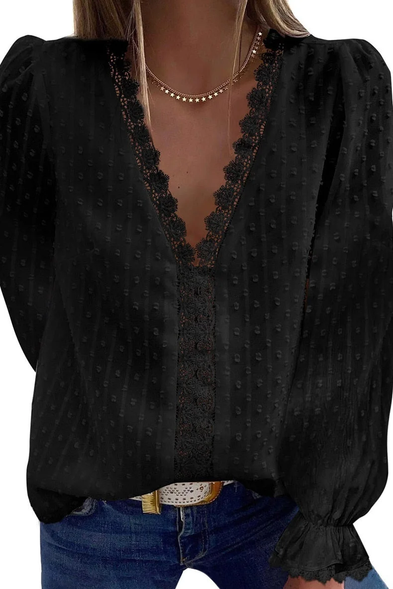 Summer Blouses Women Fashion Lace Patchwork V Neck Long Sleeve Casual Elegant Shirts Tops Office Work Plus Size Chiffon Blouse