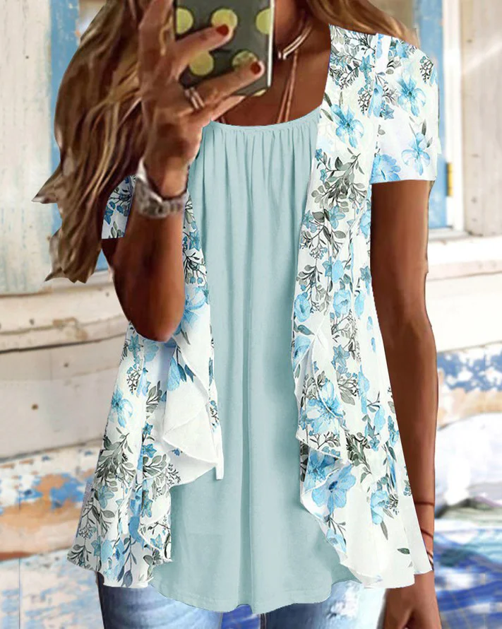 Casual Round Neck Flower Print Short Sleeve Tunic Tops