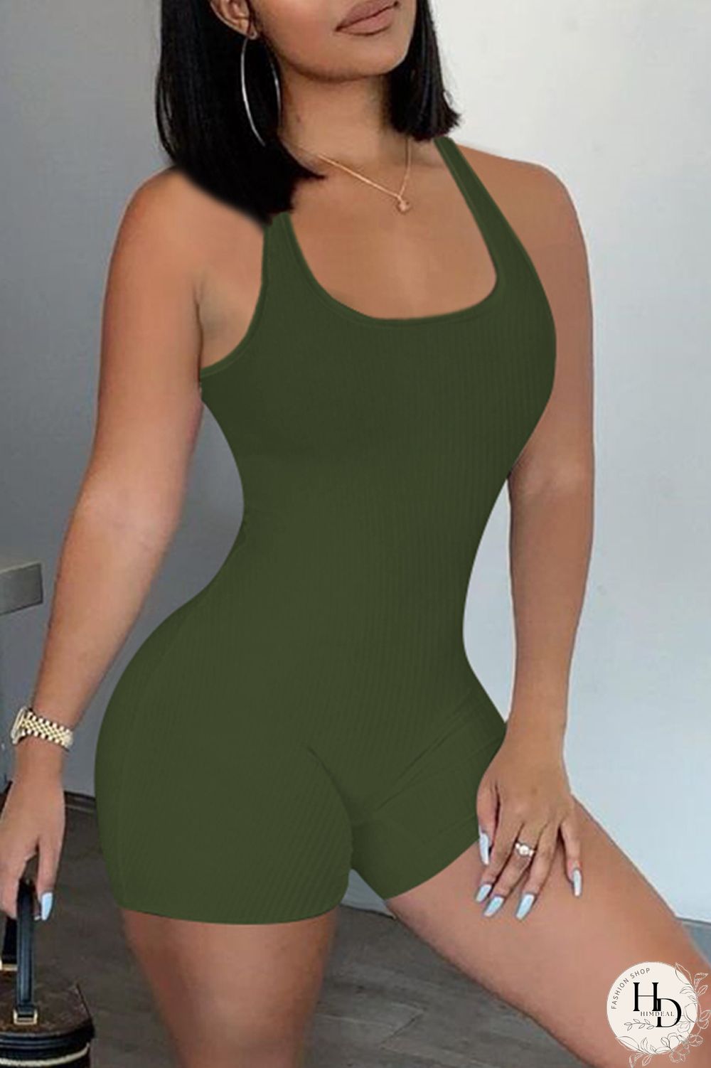 Army Green Casual Sportswear Solid Backless U Neck Skinny Romper