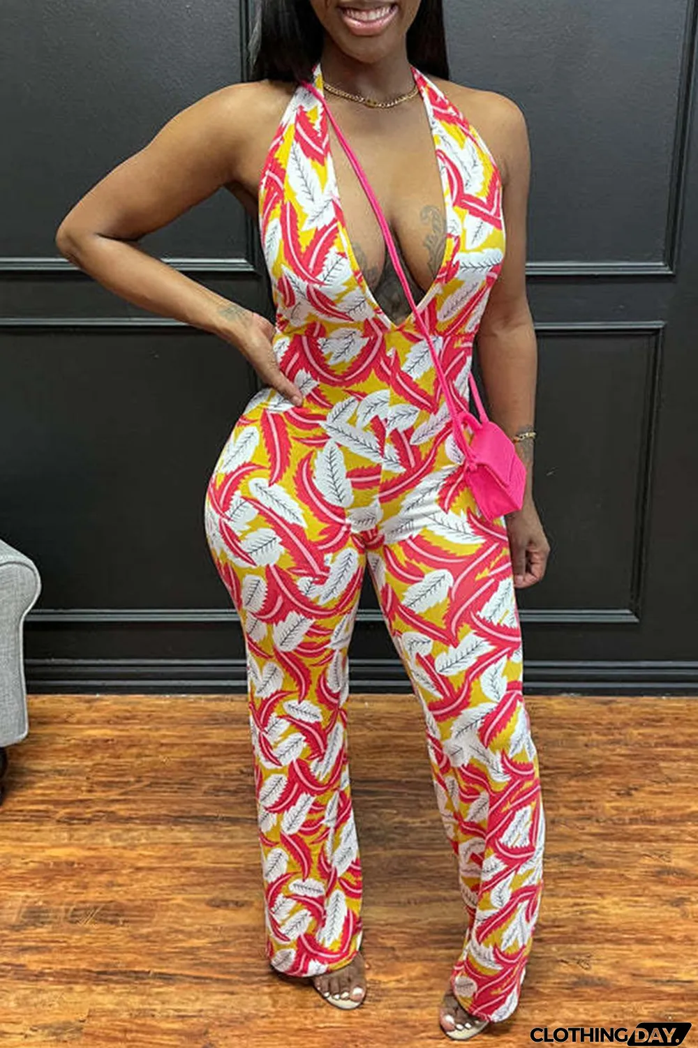 Green Sexy Print Split Joint Halter Regular Jumpsuits