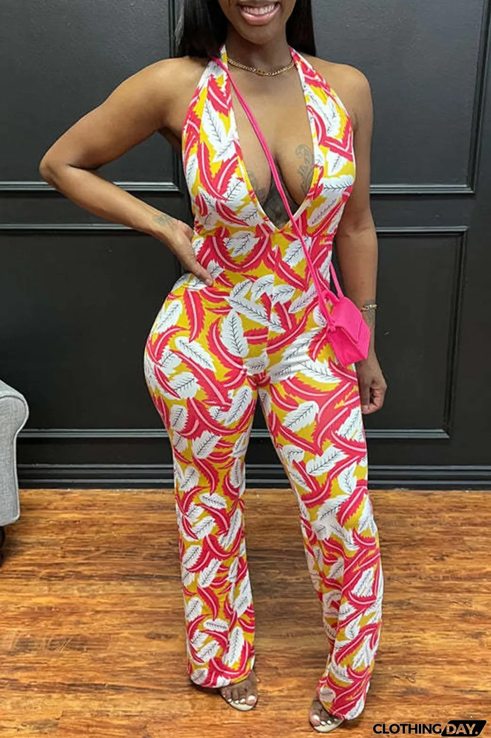 Green Sexy Print Split Joint Halter Regular Jumpsuits