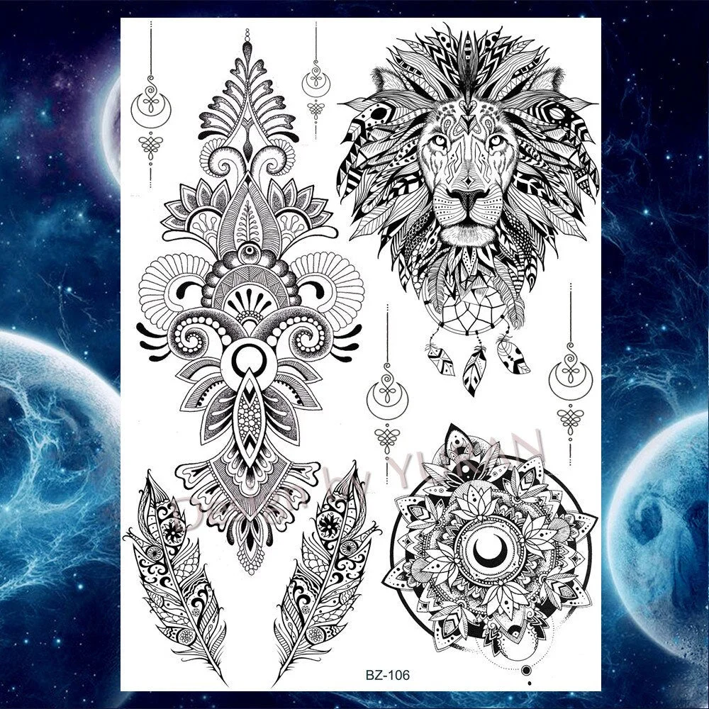 Tribal Forest Animals Black Galaxy Triangle Wolf Animals Temporary Tattoo Stickers Women Men Deer Tatoo Waterproof Arm Tattoos