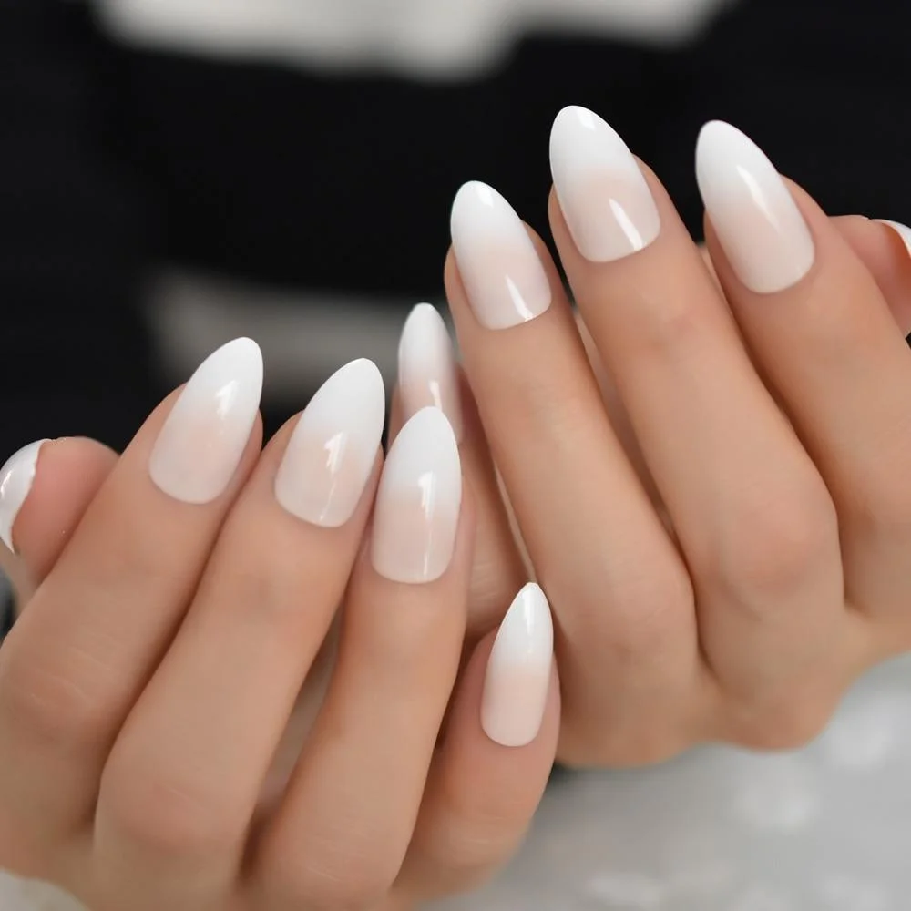 Classical Normal Size French Nail Nude White Tip Glossy Press On Fingernals for daily with glue sticker 24 928-Nail Inspo