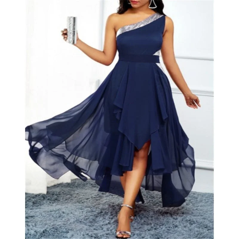 Uveng Lady One-shoulder Asymmetric Hem Fashion Dress