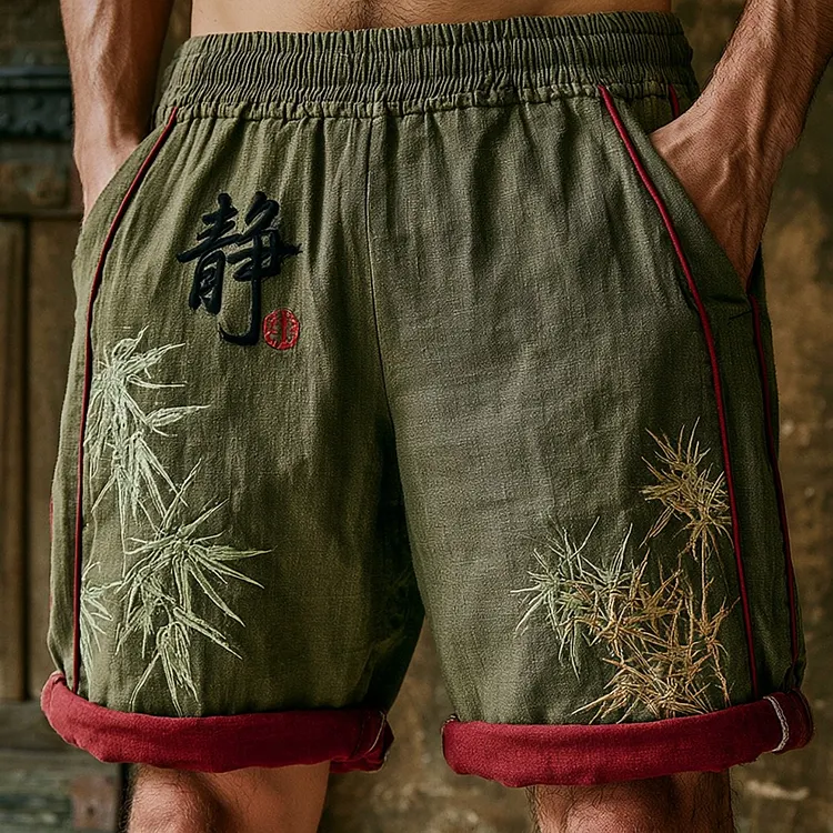Men's Retro Japanese Calligraphy And Bamboo Art Pattern Casual Shorts