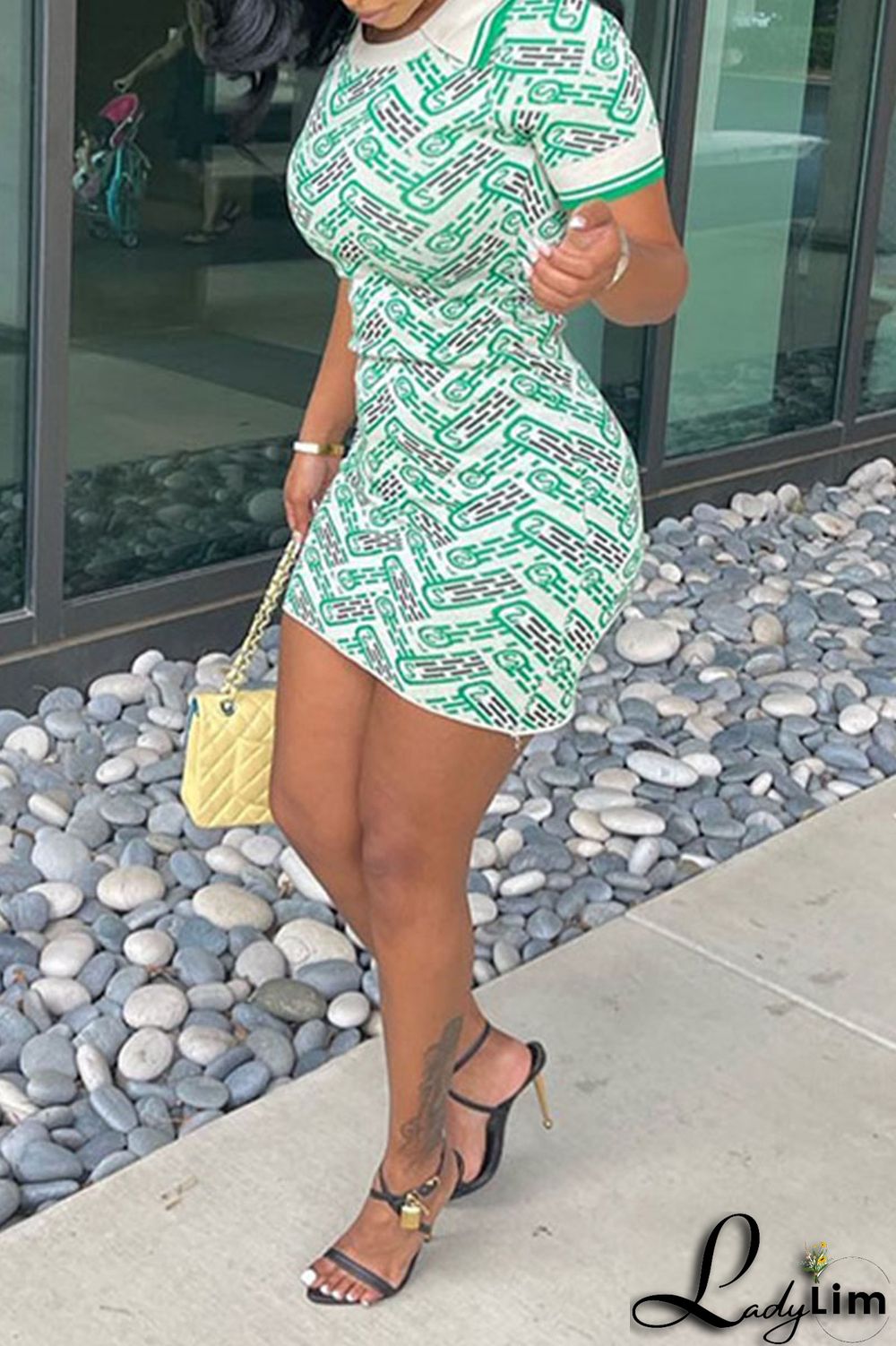 Green Casual Street Print Patchwork Turndown Collar Pencil Skirt Dresses