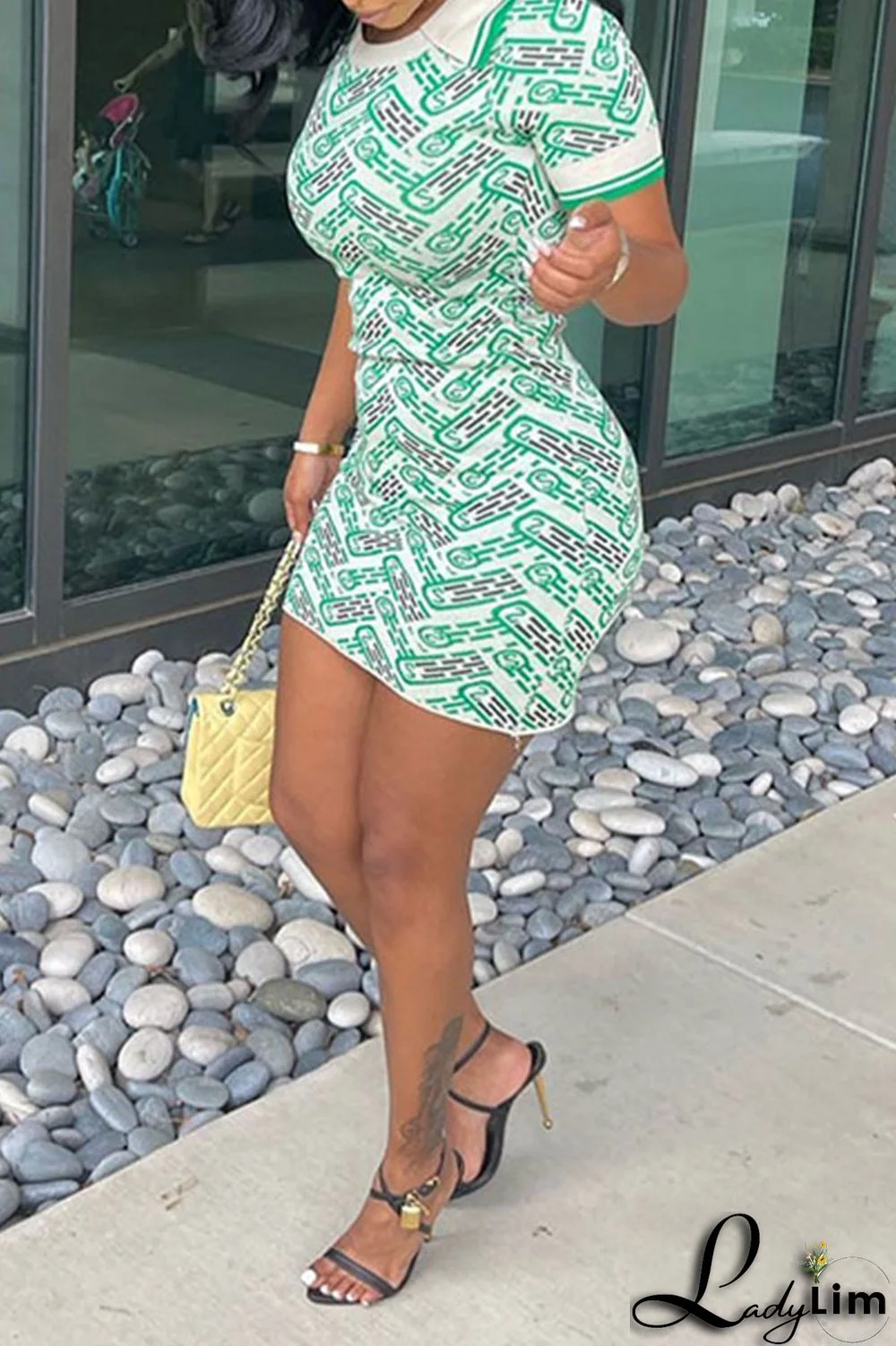 Green Casual Street Print Patchwork Turndown Collar Pencil Skirt Dresses