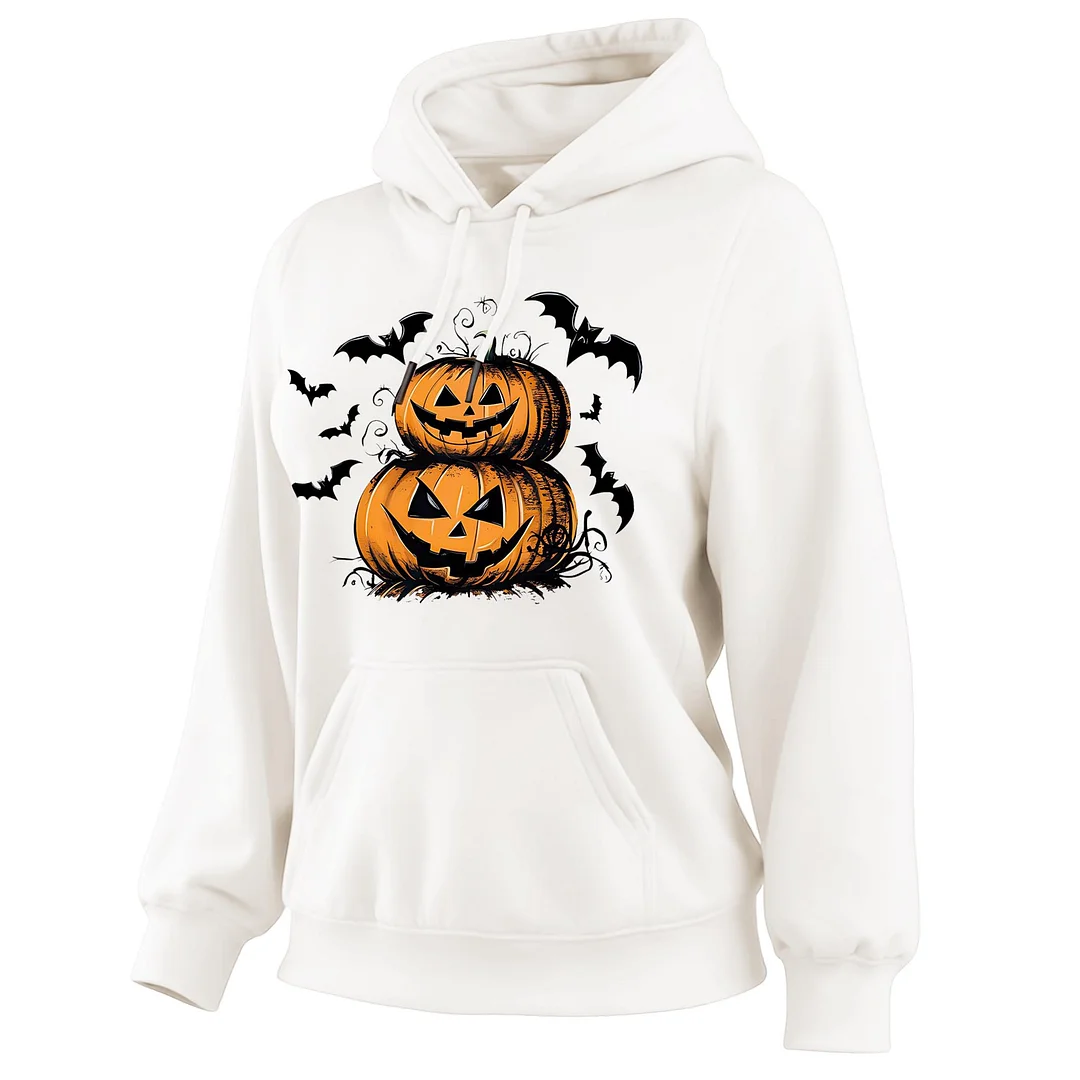 Women's Vintage Halloween Spooky Bat And Pumpkin Halloween Print Pocket Long-Sleeve Hoodie