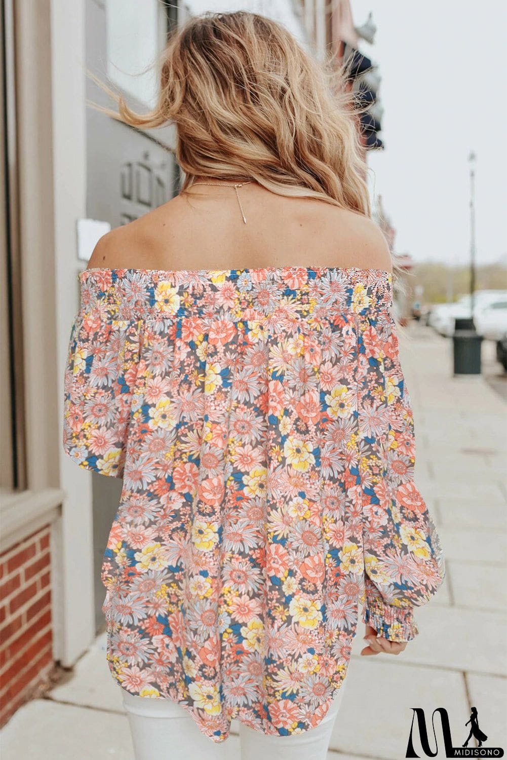 MidiSono - Off The Shoulder Smocked Floral Top