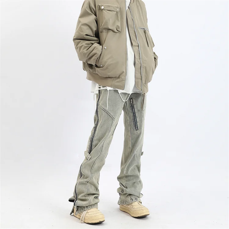 Straight Mid Rise Side Zip Jeans Hip Hop Trousers at Hiphopee