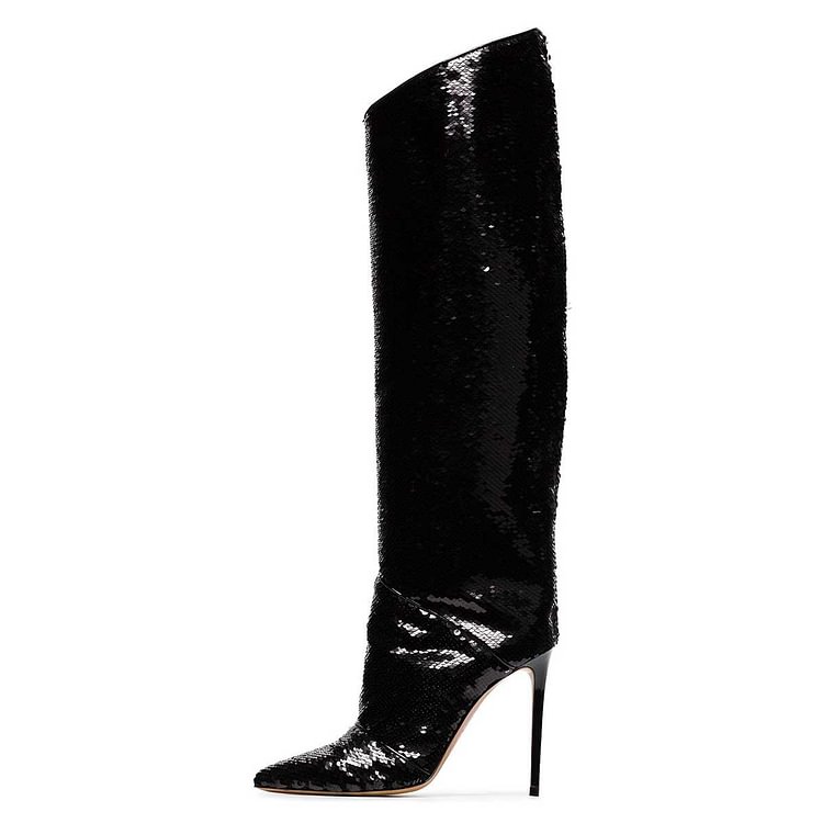 Black Sequin Boots Pointy Toe Stiletto Heel Evening Knee High Boots |FSJ Shoes