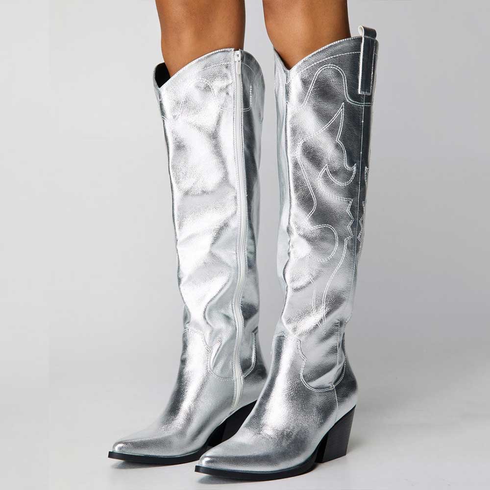 Silver Vegan Leather Pointed Toe Chunky Heel Side-Zipper Cowgirl Boots Nicepairs