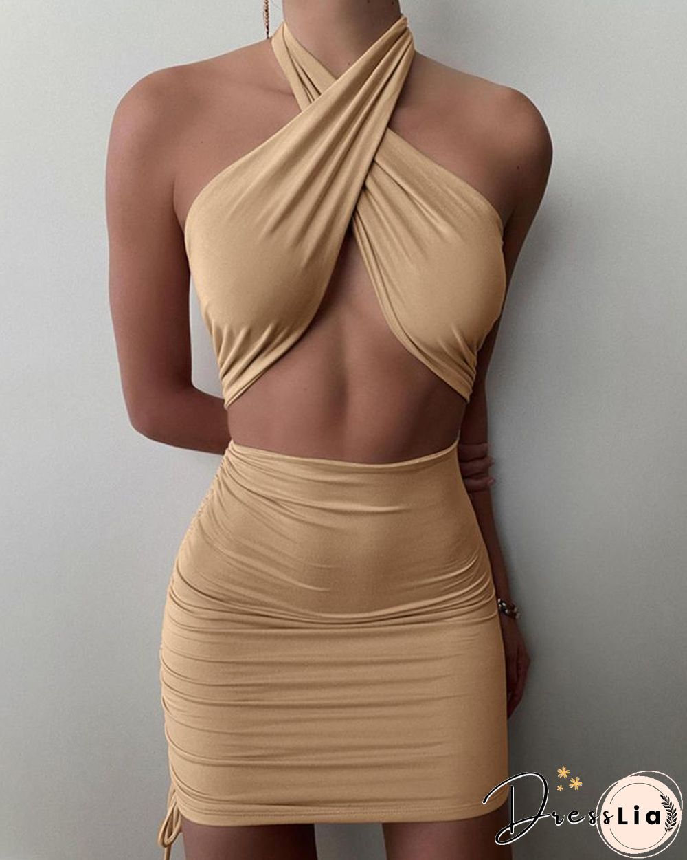 Solid Sleeveless Halter Skinny Cut-out Mini Dress P15283