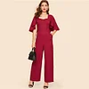 SHEIN Vintage Burgundy Sweetheart Neck Double Breasted Flounce Sleeve Jumpsuit Women Workwear Office Lady Wide Leg Jumpsuits