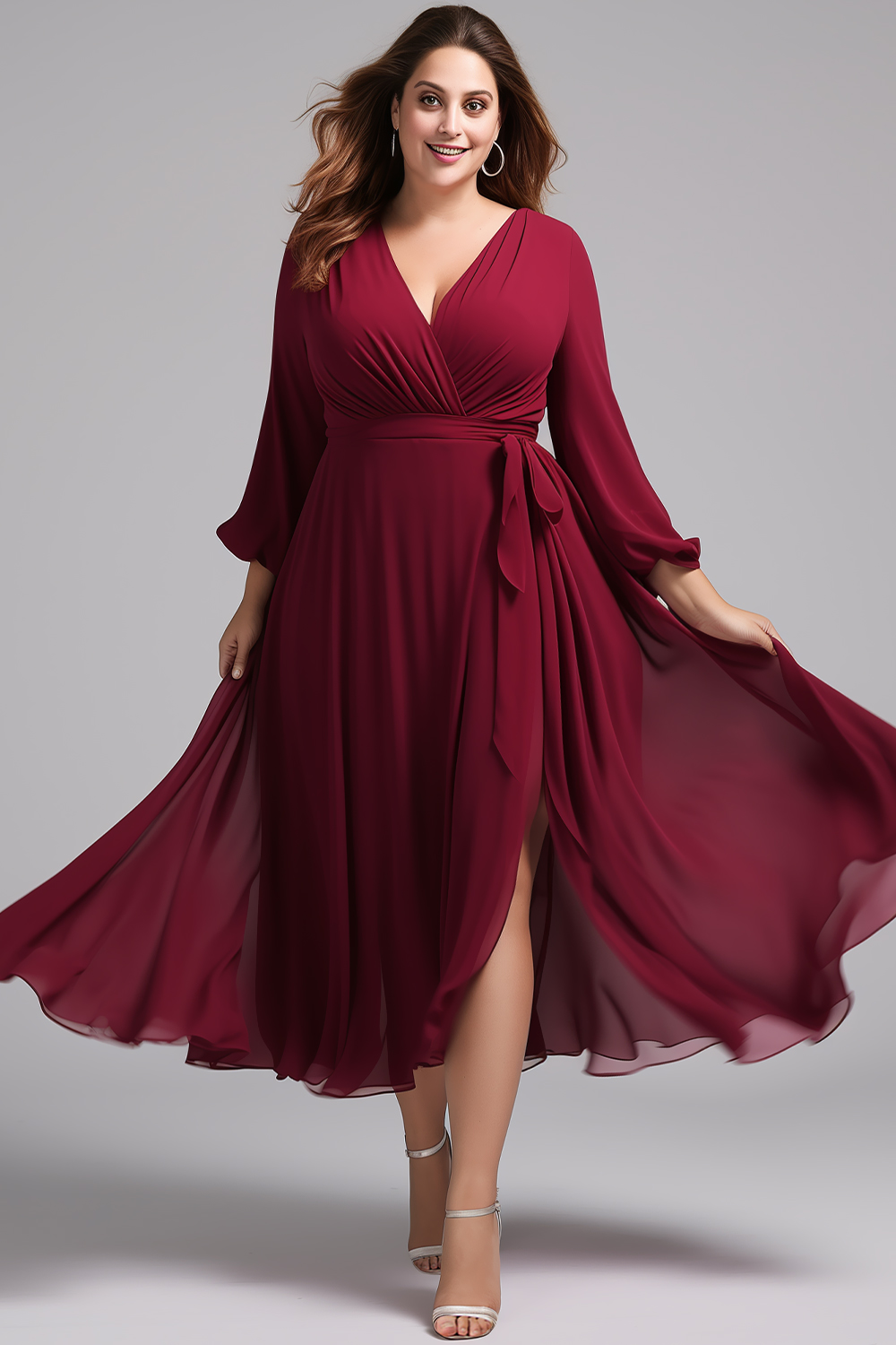 Flycurvy Plus Size Wedding Guest Burgundy Chiffon Wrap Split Flare Sleeve Tea-Length Dress