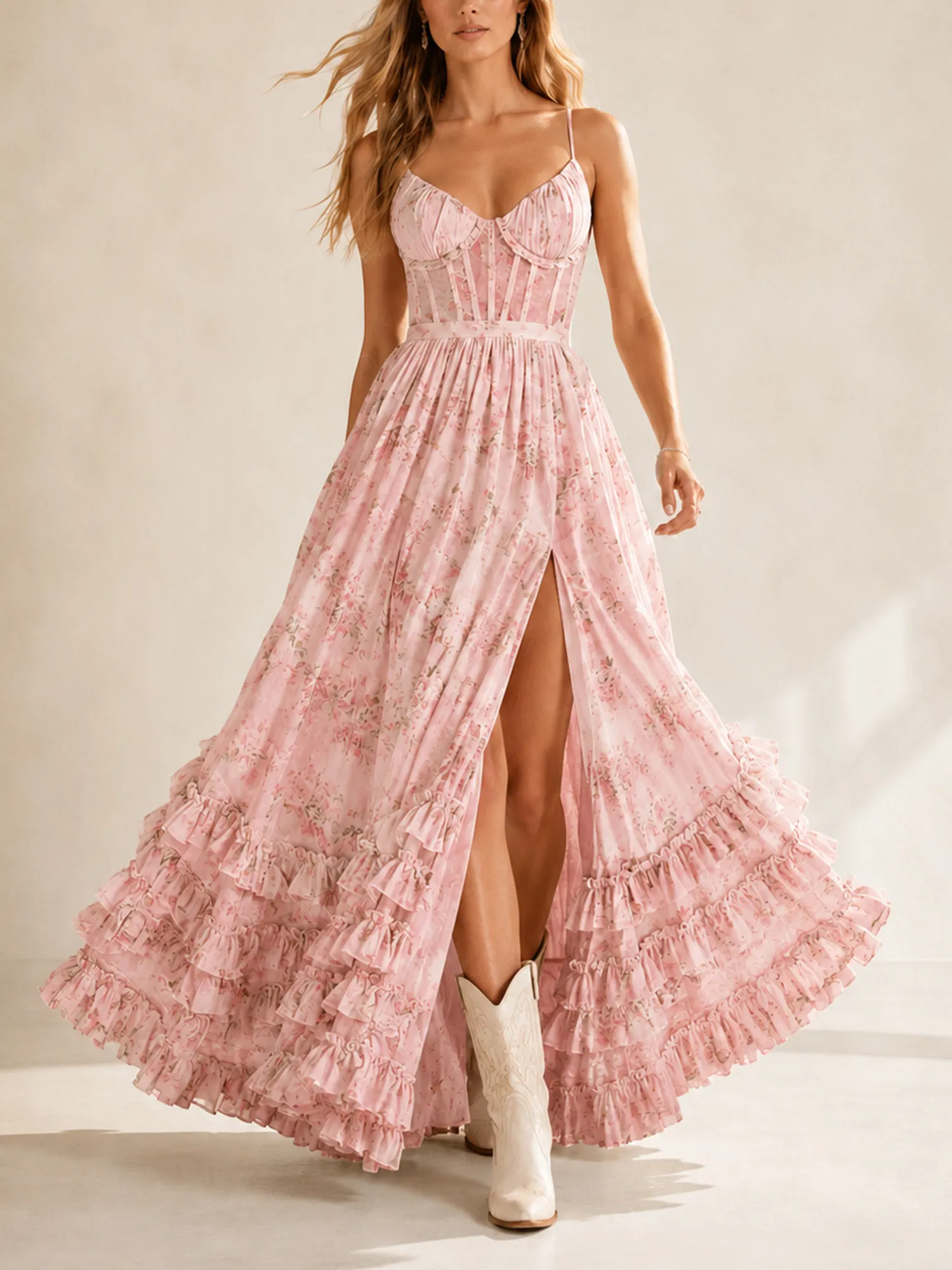 Perfect for a beach vacation &mdash; a boning, high-slit chiffon floral maxi dress for women.