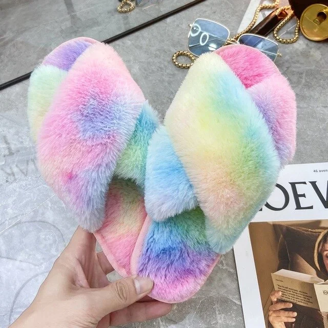 2021 Winter Women House Slippers Faux Fur Fashion Cross Warm Shoes Woman Flats Female Open Toes Slides Pink Cozy  Furry Slippers