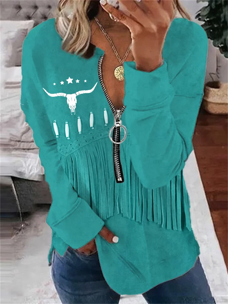 Vintage Western Fringe & Bull Skull Art Zip Up Sweatshirt