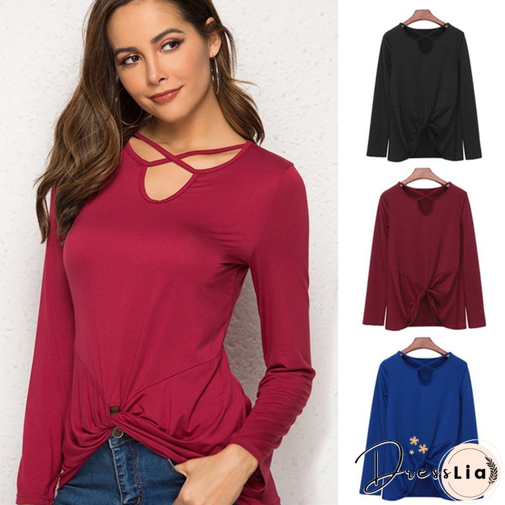 Spring Summer Fashion Solid Color Long Sleeved Shirt Irregular Twisted Casual Loose Blouse Tops