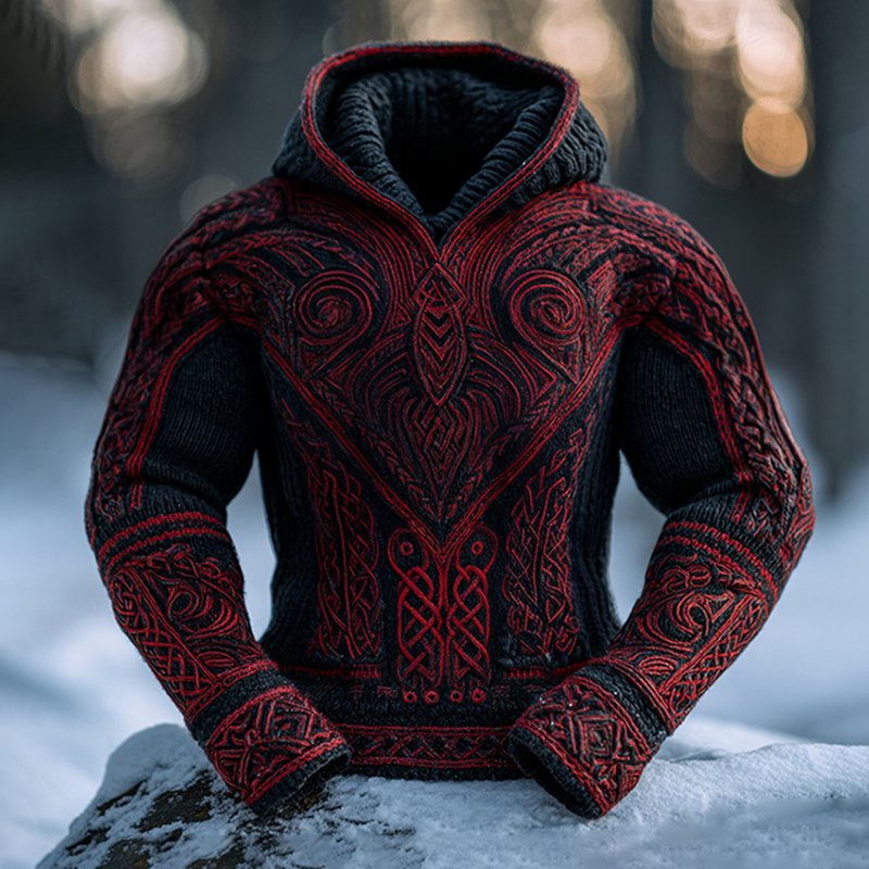 Men's Vintage Ancient Viking Tribal Art Inspired Winter Warmth Knit Woolen Hooded Sweater elevenforest