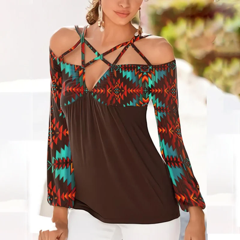 Sexy off-shoulder low-cut geometry graphic tees