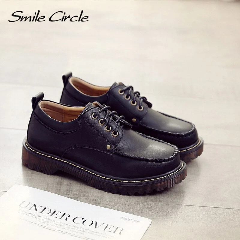 Smile Circle Flats Shoes Women Genuine leather platform Oxford shoes 2018 Autumn Comfortable Round Toe casual shoes