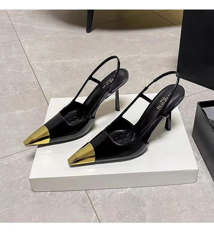 Yyvonne Square Head Thin Heel High Heels Women's Bag Head Sandals 2025 Spring And Summer New Black Patent Leather Temperament Sister Single Shoes