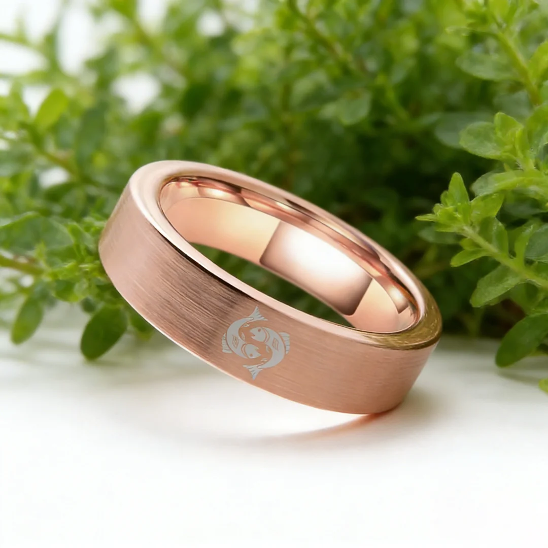 Pisces Tungsten Carbide Rings Rose Gold Flat Wedding Bands Comfort Fit Mens and Womens 4MM 6MM 8MM