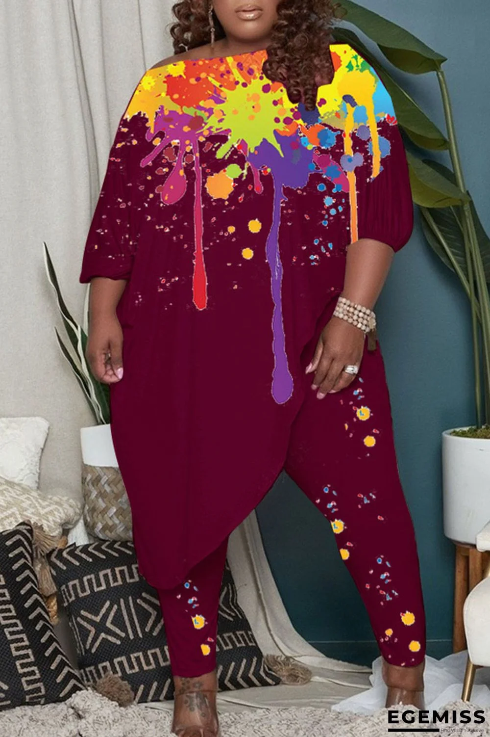 Burgundy Casual Print Patchwork Asymmetrical Off the Shoulder Plus Size Two Pieces | EGEMISS