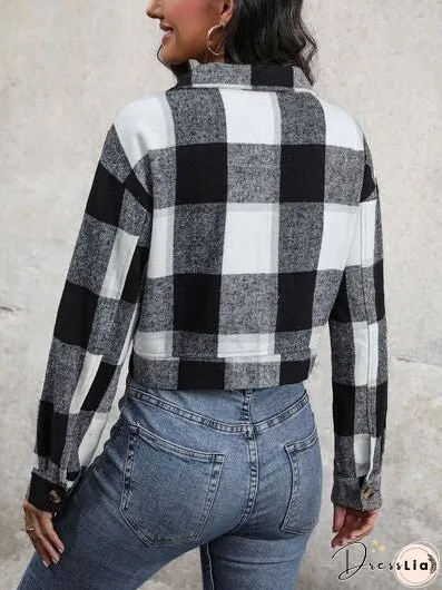 Plaid Button Up Drop Shoulder Cropped Jacket