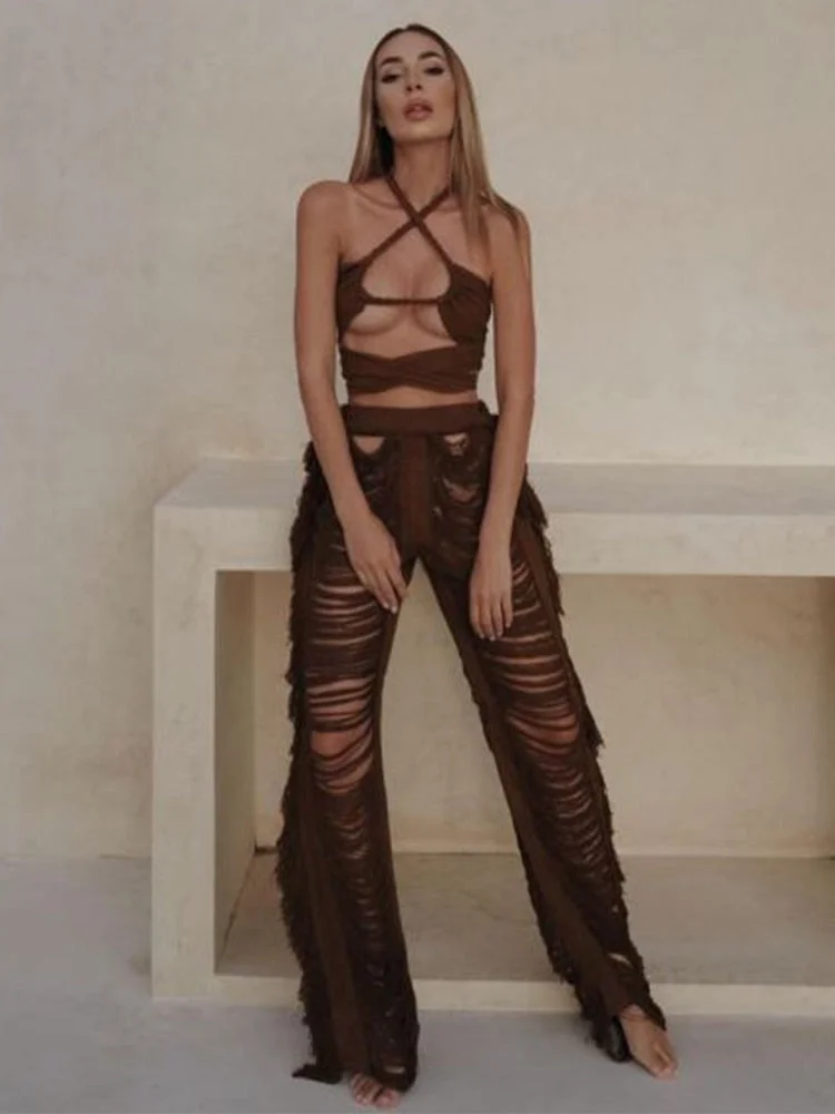 Jacuqeline Beach Sexy High Waist Y2K Wide Leg Pants Women Fashion Tassel Knit Sets Hollow Out Long Trousers And Tops 2022 Summer