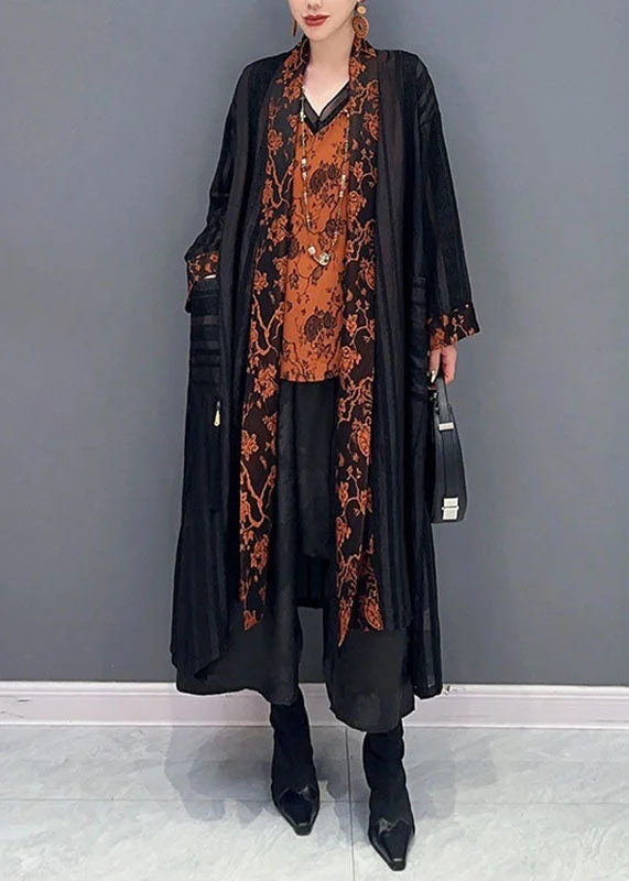 Women Black Tulle Maxi Cardigans And Print Top Two Pieces Set Fall