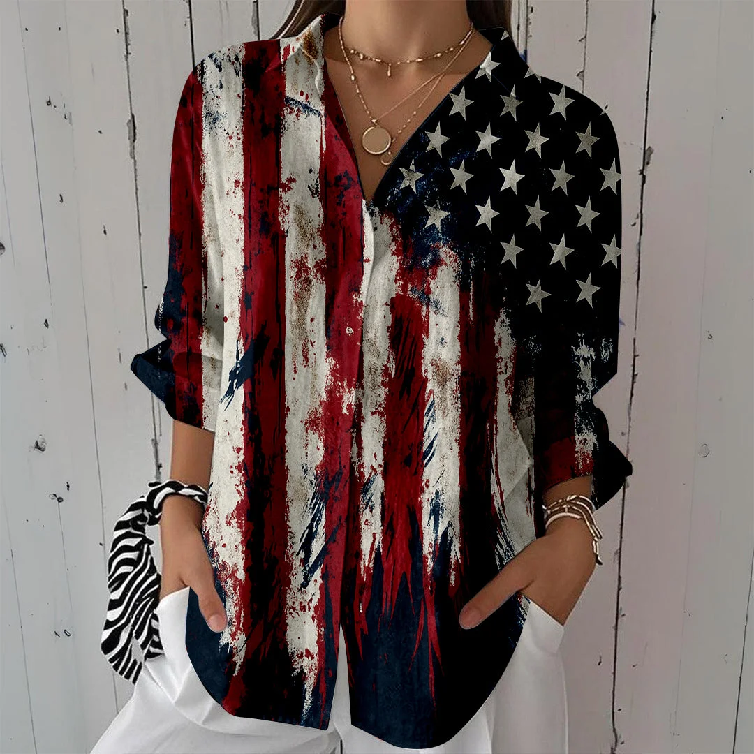 Style & Comfort for Mature Women Women  Independence Day, Star, Striped, Blue, Red DZCL0241 3/4 Sleeve Shirt Collar Printed Button Tops