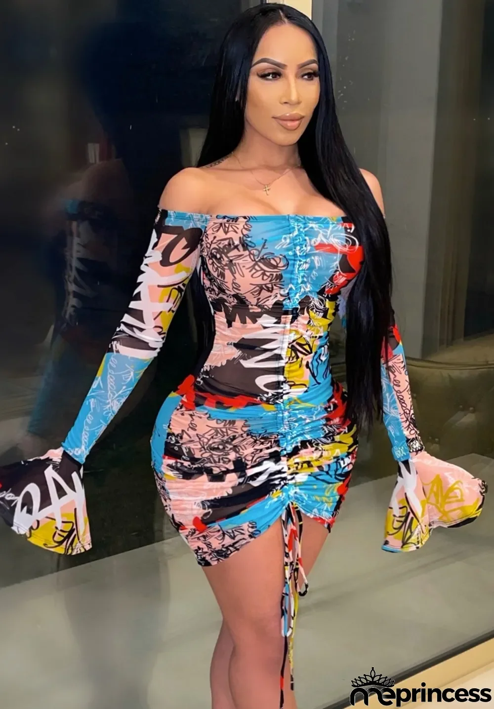 Summer Print Sexy Off Shoulder Ruched Strings Mini Dress with Bell Sleeve Cuffs