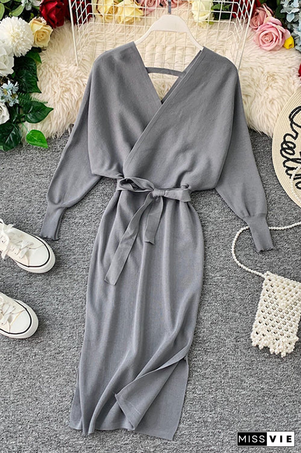 Surplice Wrap Side Slit Sweater Dress