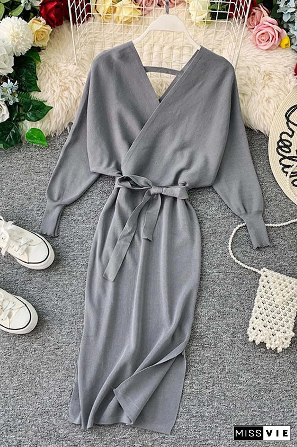 Surplice Wrap Side Slit Sweater Dress