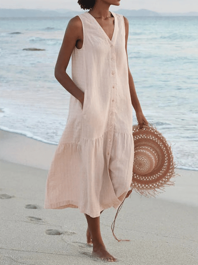 Women's Solid V-neck Vintage Cotton Linen Dress