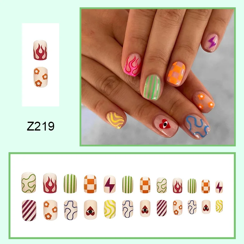 Churchf Churchf Fresh Color Striped Flowers Fashion Lines Natural Wear White Nail Square False Nails
