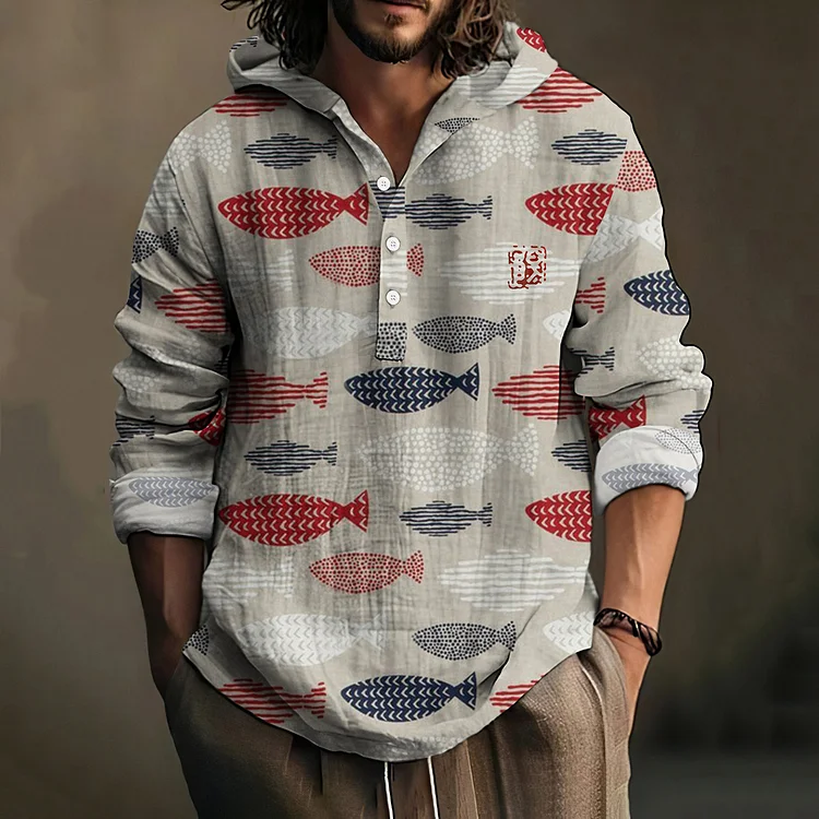 Vintage Fish Japanese Art Print Linen Hooded Long Sleeve Shirt