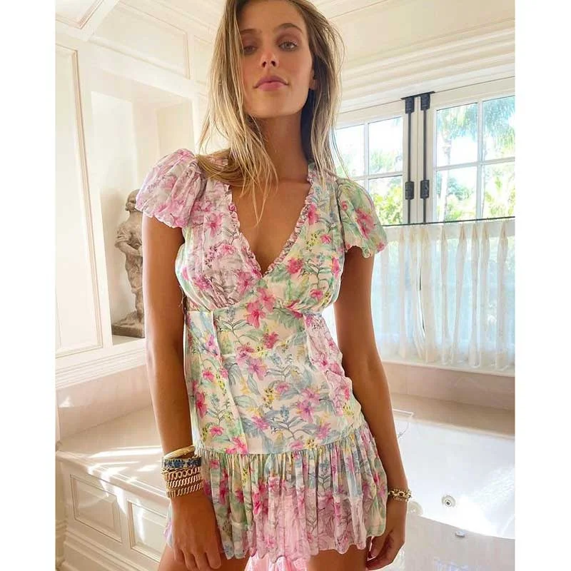 Nncharge Inspired floral print V-neck summer dress sweet girl party dress short sleeve ruffled mini women dress 2024 ladies dress